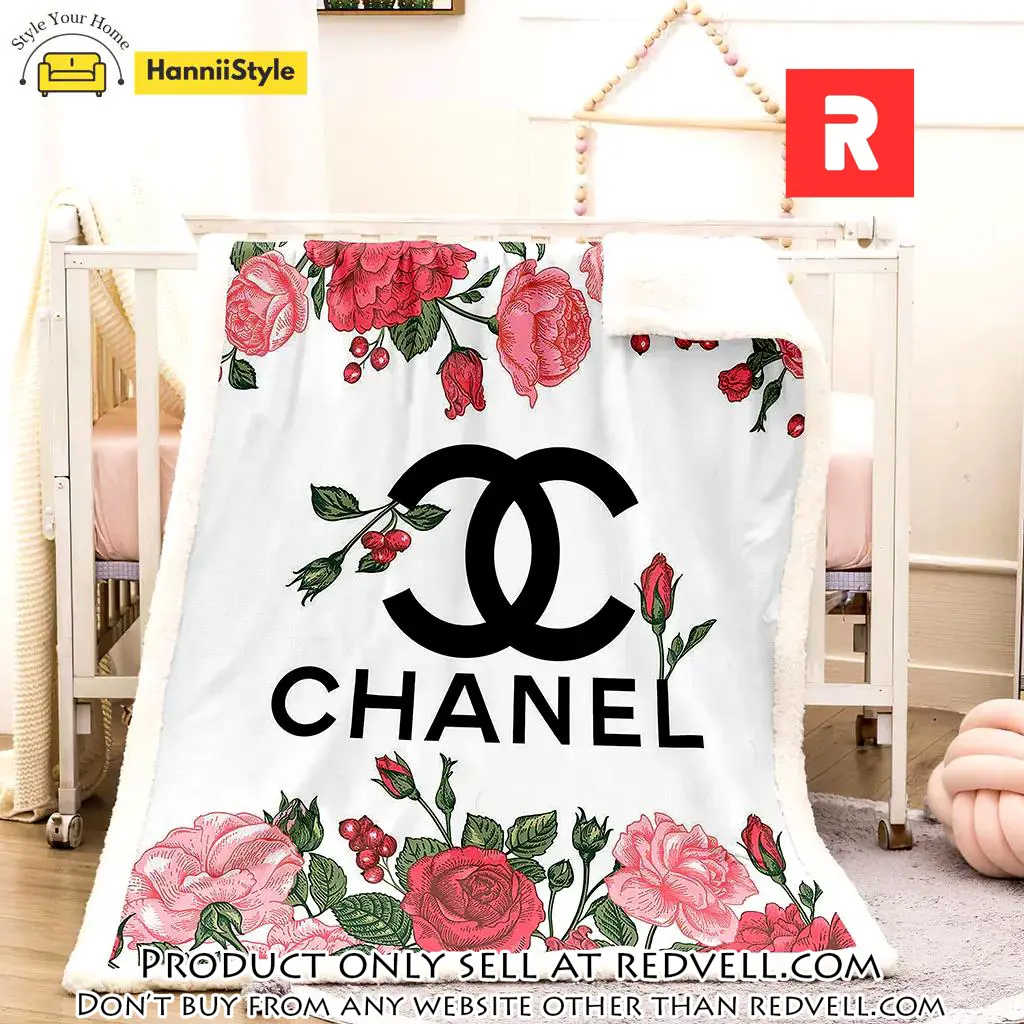 Chanel roses luxury brand premium blanket fleece home decor rv3906374